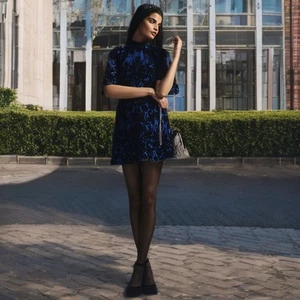 Anthropologie Velvet Rose Floral Mini Dress Mock A-Line Botton Flare Open Back - Picture 1 of 12