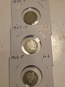 Lot of Three Barber Dimes, 1899 1907 & 1916 All Philadelphia 90% - Picture 1 of 7