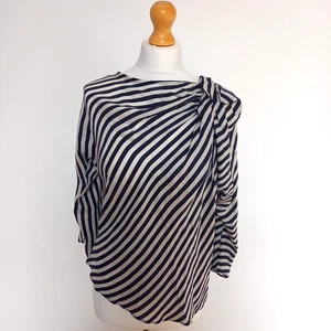 Zara S UK 6 8 Navy & Ivory Diagonal Stripe Silky Satin Blouse w Shoulder Detail - Picture 1 of 6