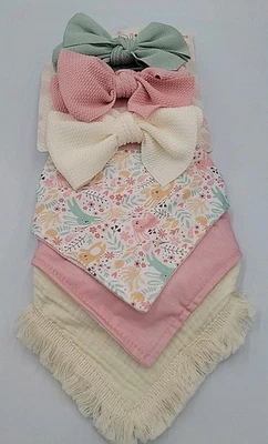 Danbar Ava Olivia 3 Bib & Matching Headband Bow Set New Green, Pink, Cream - Image 1 of 4