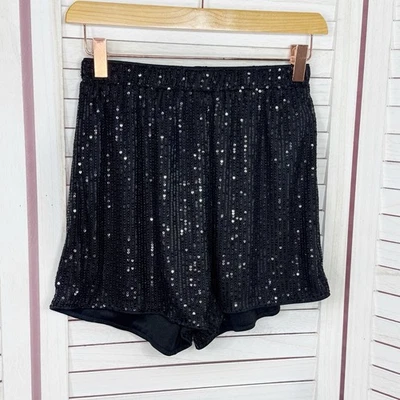 Sequin Shorts Womens Small Black Elastic Waist Pull On Party Cocktail High Rise - Image 1 of 4