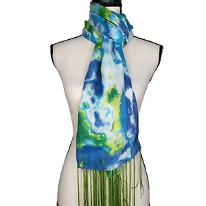 Sciarpa Chicos frangia blu verde acquerello cravatta tinta frangia 83" x 21" astratta - Foto 1 di 6