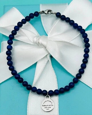 Pulsera Tiffany Co de plata de ley de 4 mm lapislázuli RTT con etiqueta redonda Foto 1 de 4