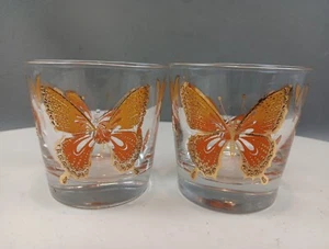 VTG Libbey MCM Glasses Butterfly Embossed Copper Orange Barware Set Of 2 - Picture 1 of 8