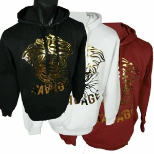 Mens Hoodie Black White Burgundy METALLIC SAVAGE Gold Decal Pockets Bleecker - Picture 1 of 11