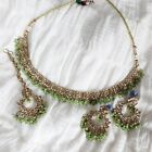 Green Indian Bollywood Jewelry Sleek Choker Necklace Earrings Tikka Set Wedding