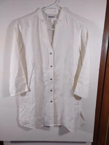 David N Blouse, Size 8, White V-neck, Linen, 3/4 Sleeves, Side SALITS, #4002 - Picture 1 of 6