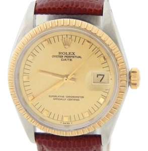 Rolex Date Mens Steel & Yellow Gold Watch Brown Leather Band Champagne Dial 1505 - Picture 1 of 7