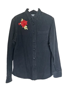 OLD NAVY Button Down Shirt Mens Sz M Embroidered Rose Denim Western Cowboycore - Picture 1 of 5