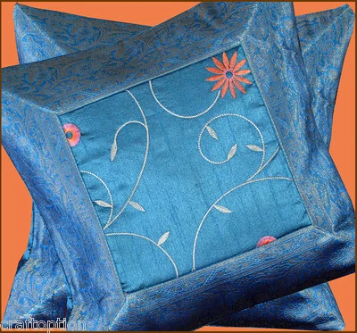 Set of two turquoise silk embroidered hand made brocade pillow cover India! - Image 1 of 4