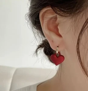 Womans Heart Earrings Dangle Drop Pendant Ear Button Fashion Frosted Matte Red - Picture 1 of 6