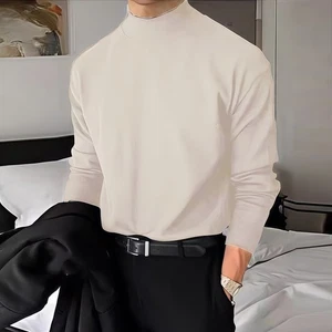 Men Fashion Solid Color Warm Velvet Top Long Sleeved Casual High Neck Shirt - Picture 1 of 10