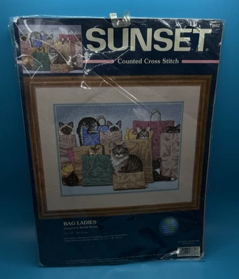 NUEVO Bolso Puesta de Sol Vintage Damas Gatos Contado Punto de Cruz Kit #13662 1999 Foto 1 de 4