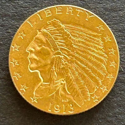1913 Indian Head Gold Quarter Eagle 2 1/2 Dollar Coin Philadelphia No Mint Mark - Image 1 of 2
