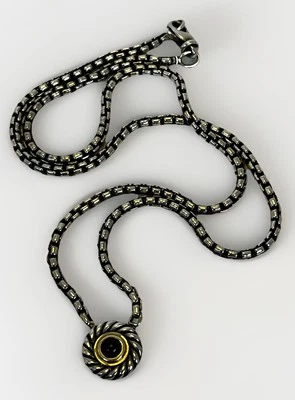 David Yurman Sterling Silver 14K Gold Onyx COOKIE Pendant Cable Necklace 16.5” - Image 1 of 4