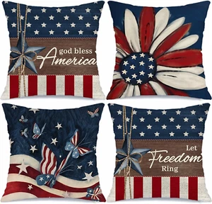 4Th of July Pillow Covers 18X18 Set of 4 God Bless America Stars Flower Independ - Picture 1 of 12