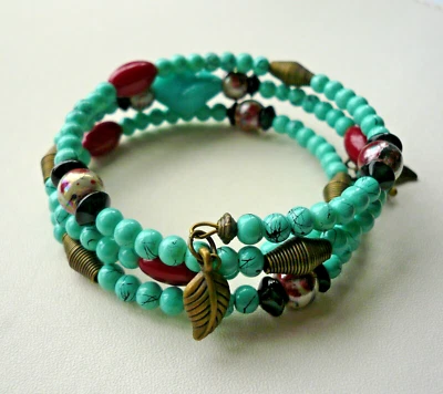Turquoise Red Black Glass Bead Antique Bronze Memory Wire Wrap Bracelet KCJ1841 - Image 1 of 4
