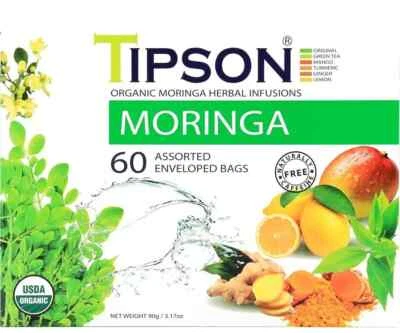 Tipson MORINGA разнообразные травяные чайные настои Министерство сельского хозяйства США органический лот из 60 пакетиков BB 10/26 - Изображение 1 из 4