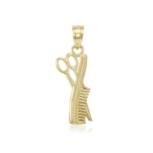 14K Solid Yellow Gold Scissors Comb Pendant Hairstylist Necklace Charm Women Men - Picture 1 of 3