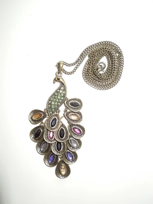 Modeschmuck Kette  Pfau bronze mit Strasssteinen - 72cm - Bild 1 von 2