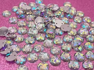 100 SEW ON BEADS ROUND RHINESTONE CLEAR AB FLAT BACK HOLED FACETED 10mm - Picture 1 of 4