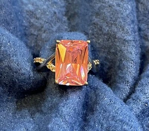 Natural Emerald Cut Pink Topaz & Diamond Solitaire Lady's Ring 14k Gold Plated - Picture 1 of 5
