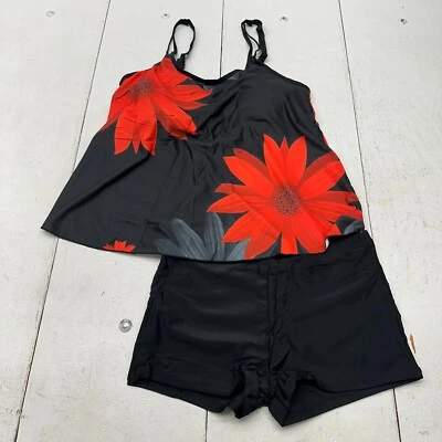 Urchics Black Orange Sunflower Floral Print Tankini Swim Set Womens Size Large - Image 1 of 4