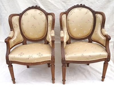 Raro Par Francés Niño Sillón Bergere Luis XVI Estilo Madera Tallada Flor 19 C Foto 1 de 4