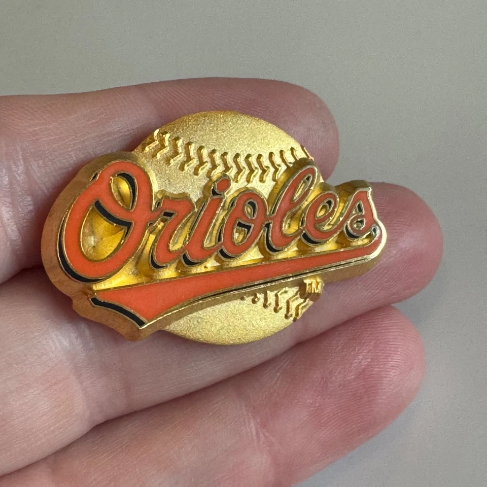 Vintage Baltimore Orioles Gold Baseball Script Enamel Lapel Pin Peter David MLB - Image 1 of 4