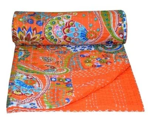 Indian Kantha Quilt Cotton Twin Handmade Orange Bedspread Bedding Multi Blanket - Picture 1 of 5