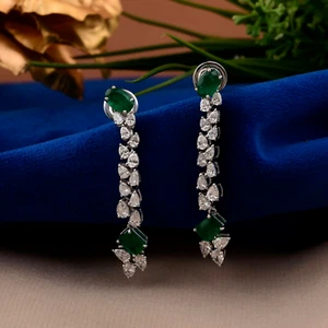 3.43 Tcw SI/H Diamond Natural Zambian Emerald Dangle Earrings 18k White Gold - Picture 1 of 10