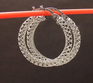 1" Technibond Openwork Filigree Round Hoop Earrings Platinum Clad 925 Silver - Picture 1 of 4