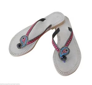 Women Slippers Indian Handmade Leather Flip-Flops Cream Casual Slipper US 8.5 - Picture 1 of 6