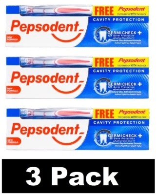 3 x PEPSODENT 150g TOOTHPASTE CAVITY PROTECTION GERMICHECK + 3 x TOOTHBRUSH - Image 1 of 4