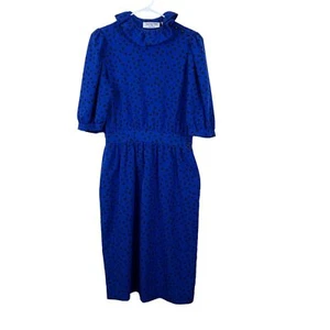 Vintage Executive Kleid Albert Nipon blau Blätterdruck Puffärmel Kleid Retro Gr. 14 - Bild 1 von 6