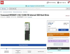 RPR £907 long x4 lifespan 2TB SSD Transcend MTE662T will serve up 4,400 TBW - Picture 1 of 2