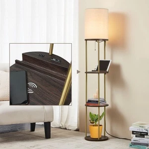 Modern Floor Lamp with Shelves and Fast Charging Ports – USB-C, USB, Wireless... - Picture 1 of 7
