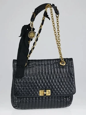🎁Auth. Bolso de hombro Lanvin Happy de cuero con cadena acolchada negra Foto 1 de 4