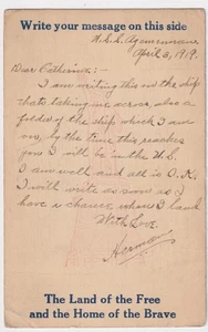 WW1 POSTA SOLDATO A BORDO USS AGEMENNON 1919 A SIG.RA CATHERINE HOGERT, DETROIT - Foto 1 di 2
