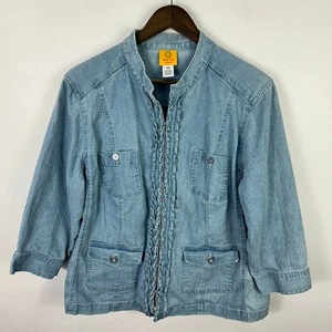 Ruby Rd Jacket 16W Blue Denim Ruffle Front Utility Pockets Boho Western Casual - Picture 1 of 5