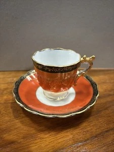 Vintage Burnt Orange Tea Cup Saucer Set Demitasse Black Gold Trim Japan - Picture 1 of 11