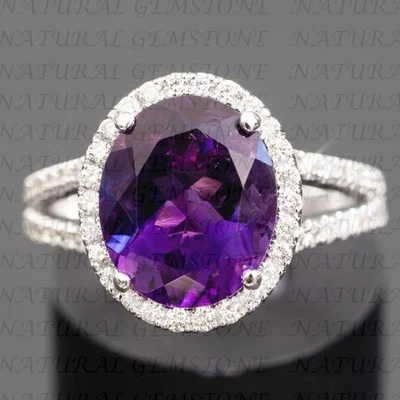 Alianza de bodas de diamantes y amatista natural de corte ovalado de 8,80 quilates enchapada en oro blanco de 18 quilates Foto 1 de 4