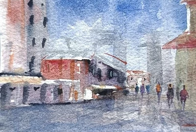 original watercolor painting ACEO City People Architecture Buildings Sky SIBY - Image 1 of 3