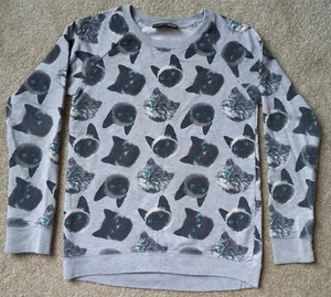 Green Soda Girl's Pullover Sweater Blue Eyed Cats All Over Print Size XL Gray - Picture 1 of 7