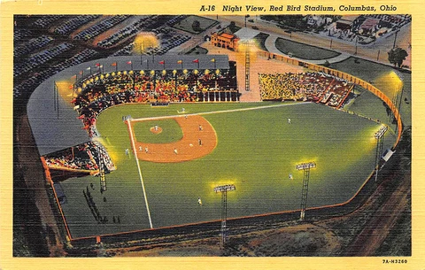 Columbus OH Red Bird Baseball Stadium Night View Curt Teich Linen Postcard Cover
