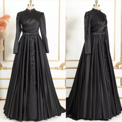 Satin Black Muslim Wedding Dresses Long Sleeves High Neck Sequins Bridal Gowns - Image 1 of 4