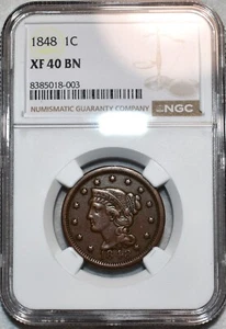 NGC XF-40 BN 1848 Capelli intrecciati grande centesimo, attraente, esemplare marrone cioccolato. - Foto 1 di 2