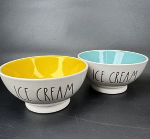 Set of 2 Rae Dunn Artisan Collection by Magenta ICE CREAM Bowls Yellow Blue - Picture 1 of 9