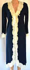 J&C KNITTED NAVY/BEIGE LACE V-NECK LONG SLEEVES SILK RIBBON & BUTTONS ROBE SZ S