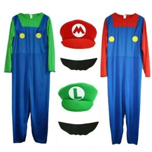 Mens Women Adult Kids Super Mario Luigi Bros Cosplay Fancy Dress Outfit Costume^